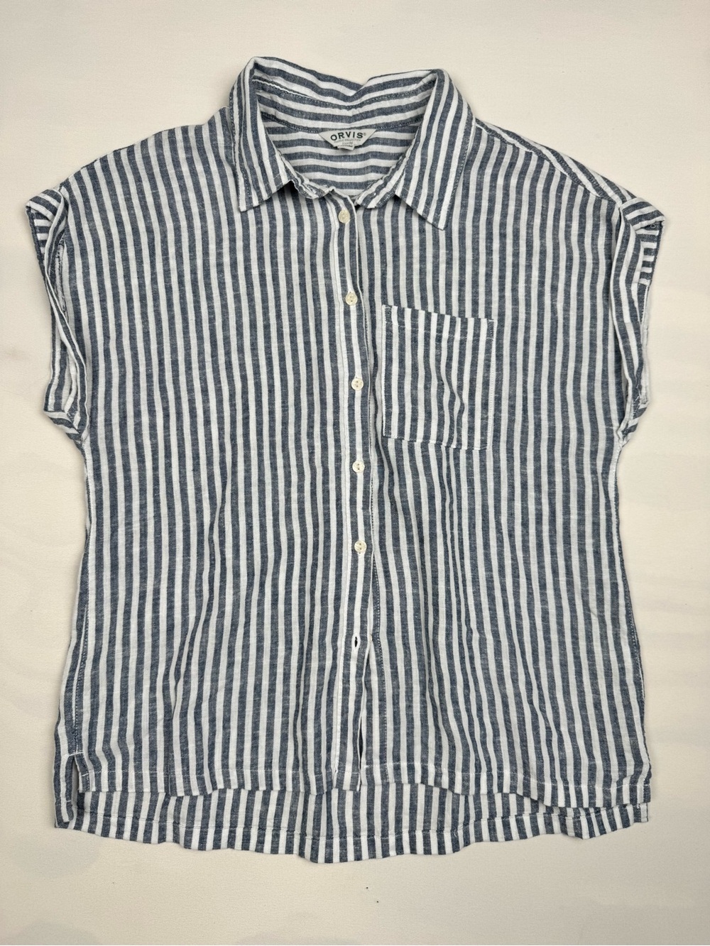 Orvis Linen Blend Blue White Striped Short Sleeve Button Down Women’s S